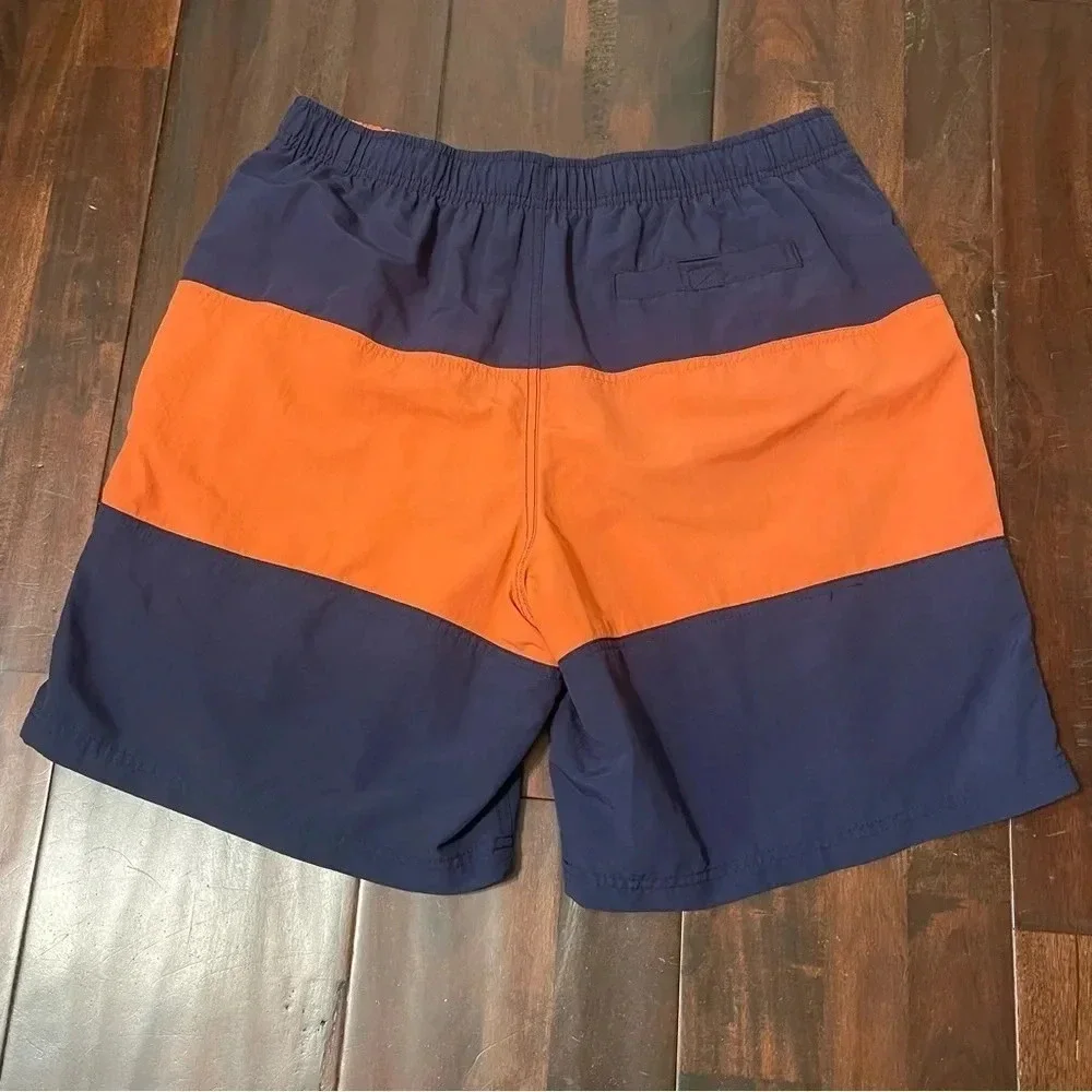 LL Bean Swimming Trunks Navy And Orange Striped Men’s Size Large Pockets Lined